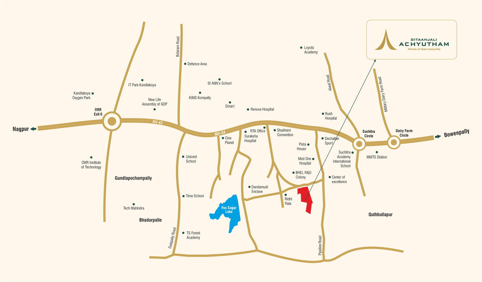 Nearby locations map showing key landmarks around Githanjali Atchutham, Kompally